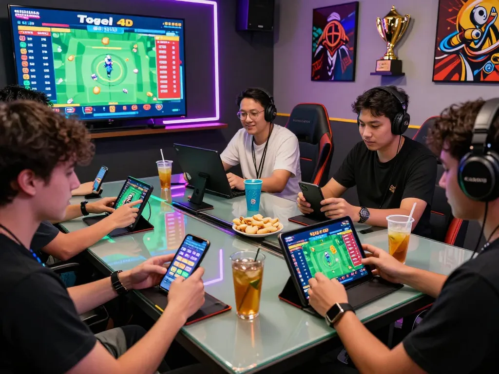 Exciting Togel 4D online gaming atmosphere with diverse players engaging on their devices.