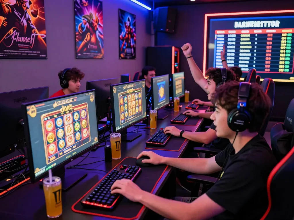 BAYITOTO Bandar Toto Online Terbaik dengan Pembayaran Cepat di Indonesia, showcasing a lively gaming scene with players celebrating wins and engaging with their favorite slot games.