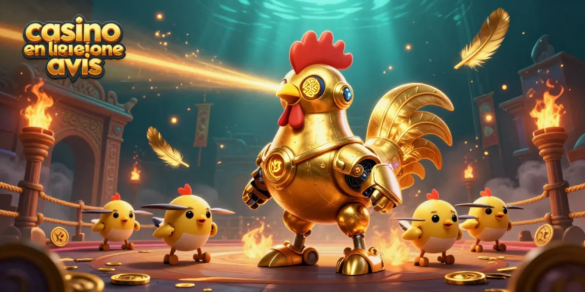 Aperçu dynamique de casino en ligne avis avec un robot coq doré et ses drones.