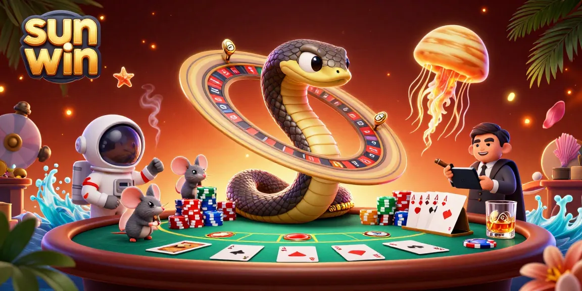 Experience thrilling gameplay with sun win's cosmic roulette featuring a Saturn ring snake and bets by astronaut mice.