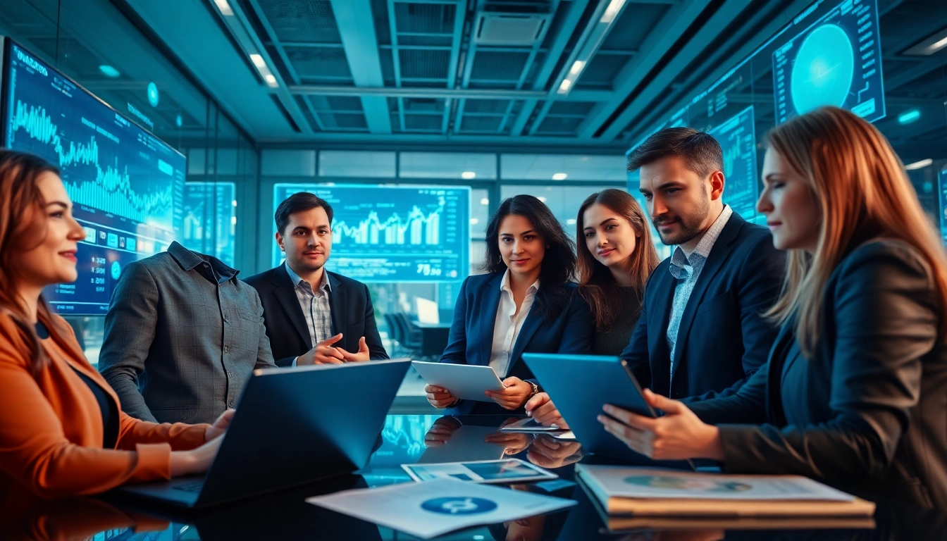 ICO professionals analyzing cryptocurrency trends in a modern office.