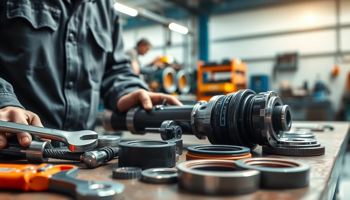 Technician engaged in hydraulic cylinder repair showcasing tools and components effectively.