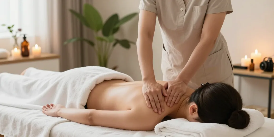 마사지 중인 고객과 전문 마사지사가 편안한 스파 환경에서의 모습