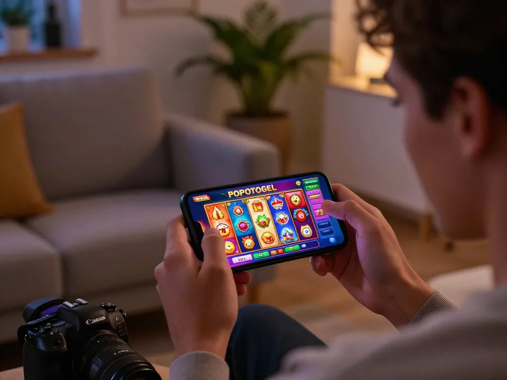 Excited player exploring the POPOTOGEL platform on smartphone in a cozy gaming environment.