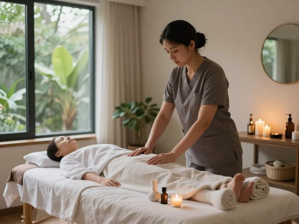 ChiPyung-dong massage therapy room setup with a tranquil atmosphere and soothing elements.
