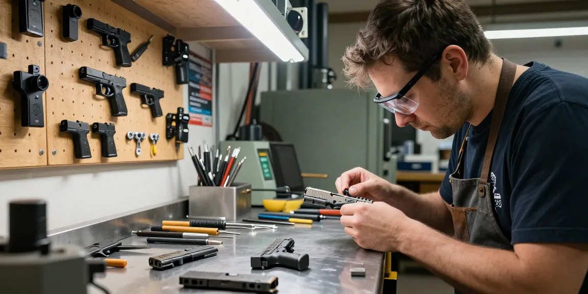 Gunsmith at https://precisionglockslides.com customizing a Glock slide, precision tools and parts visible on the workbench.
