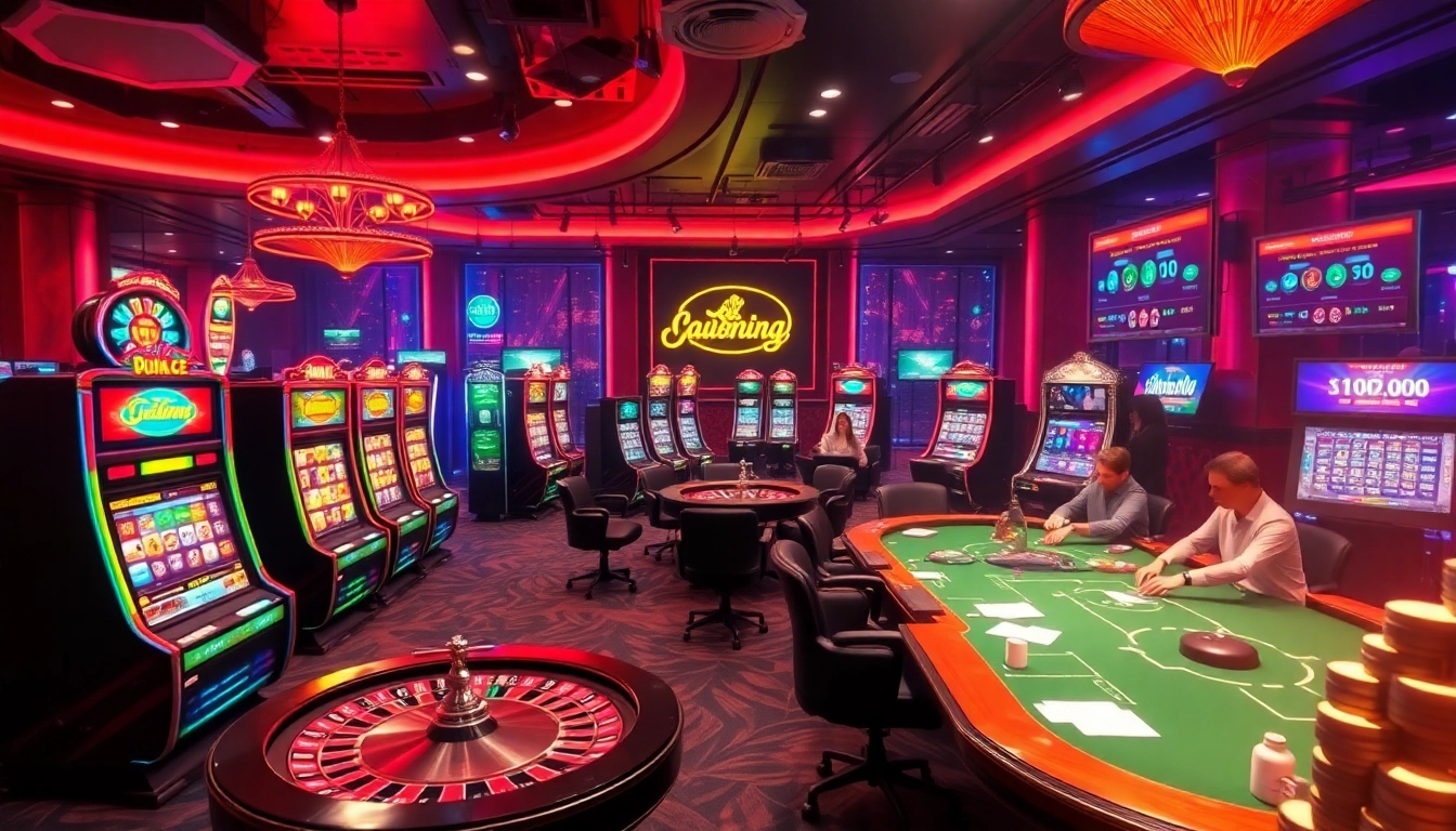 Bắn cá đổi thưởng game interface with colorful slot machines, roulette wheels, and engaged players in a fun, vibrant casino setting.