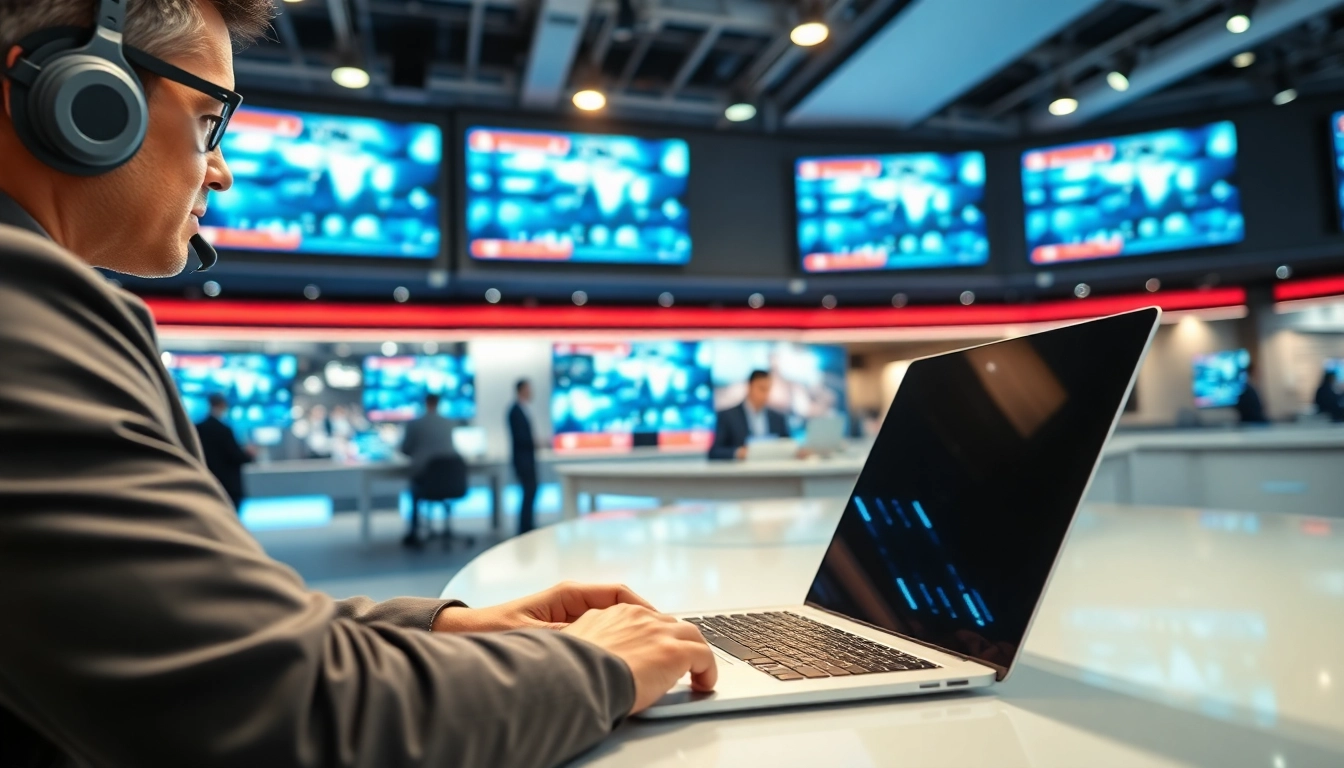 Capture the latest news as a journalist works in a modern newsroom environment.