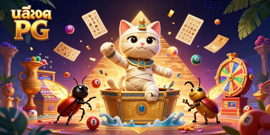 ภาพวาด 3D สล็อต PG มัมมี่แมวในคาสิโนพีระมิด พร้อมลูกบอลลอตเตอรีสีสันสดใส