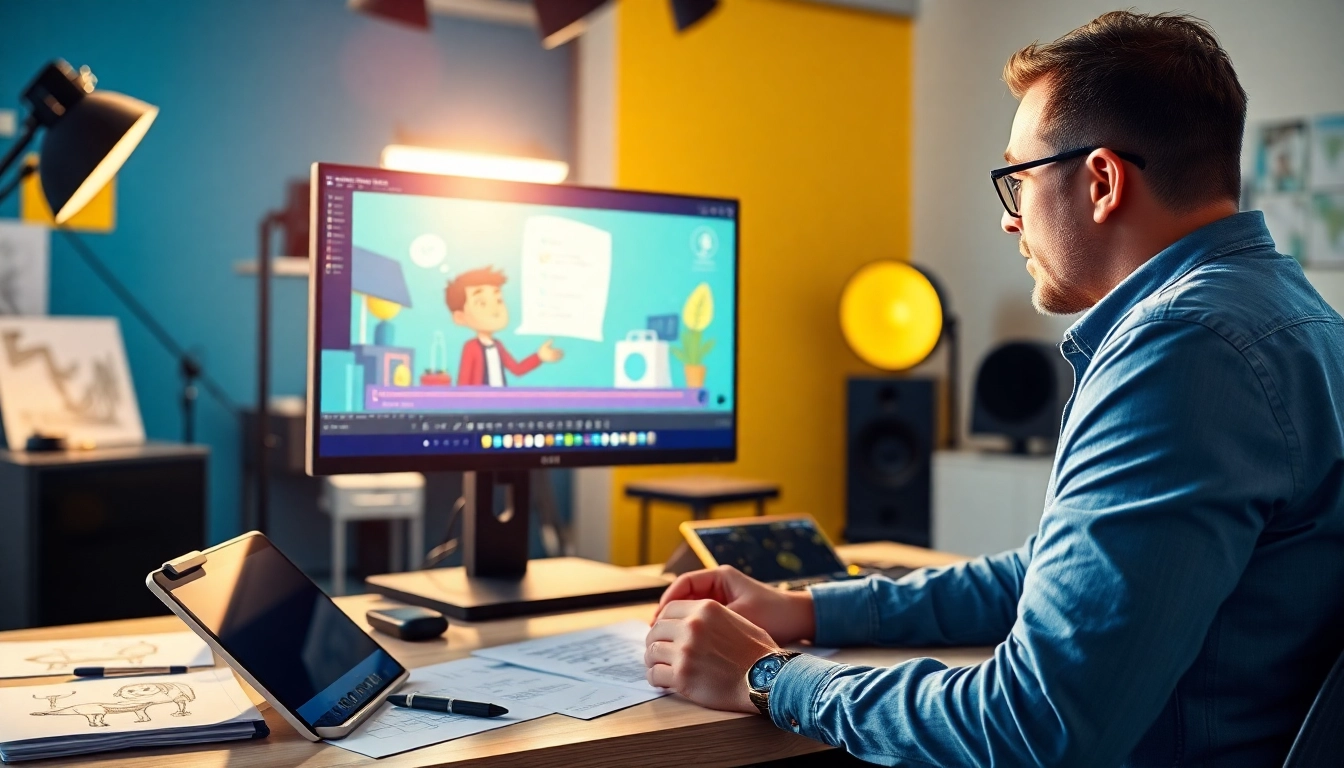 Erkläranimation in einem kreativen Studio mit lebendigen Farben und professionellem Animator.