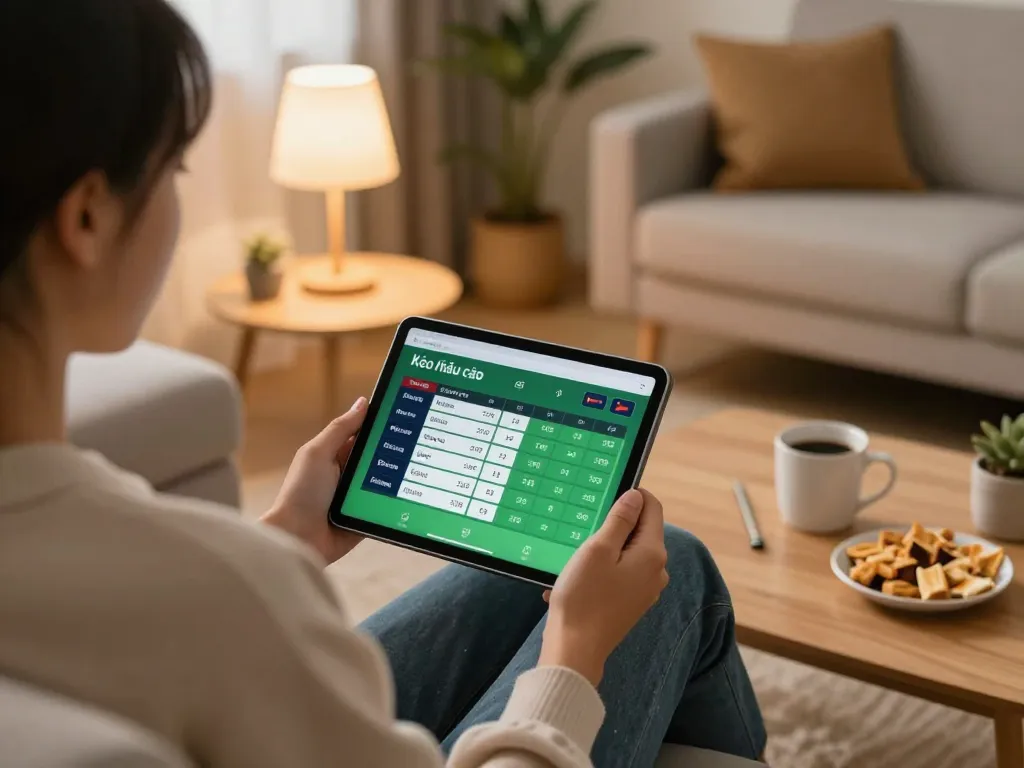 Engaging in online gaming with Kèo nhà cái odds on tablet in a cozy home setting