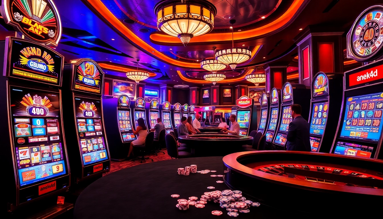 Suasana kasino yang hidup menampilkan mesin slot Aneka4D dengan para pemain yang menikmati waktunya.