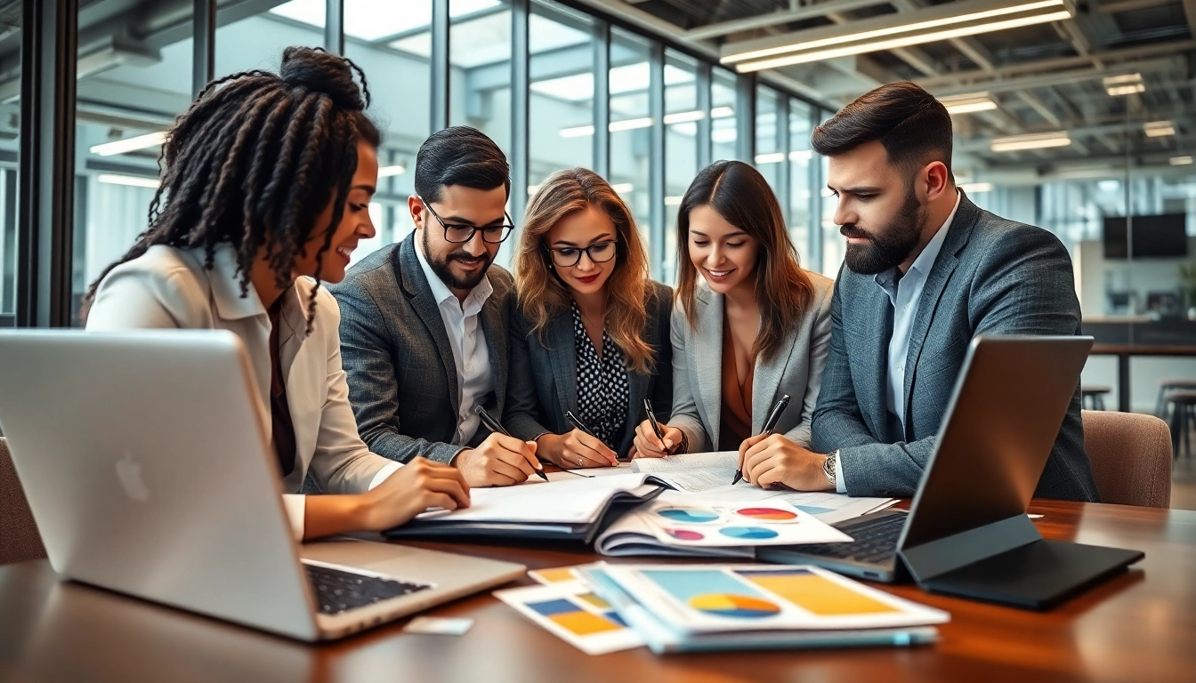 Collaborative professionals engaged in Proposal Writing and Management in a bright office setting.