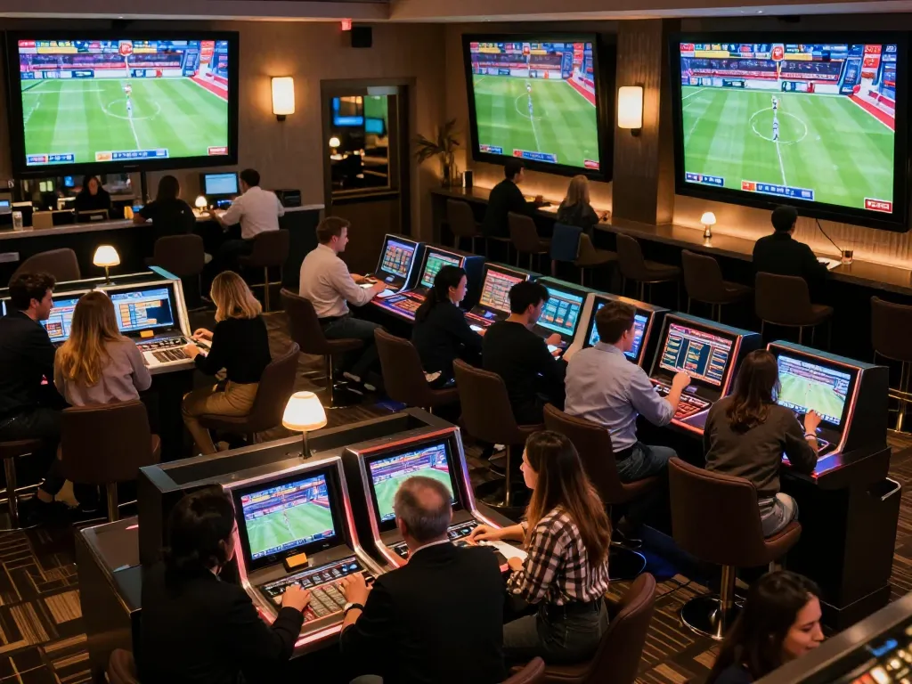 EE88 sports bettors excitedly placing live bets in a modern lounge filled with screens.