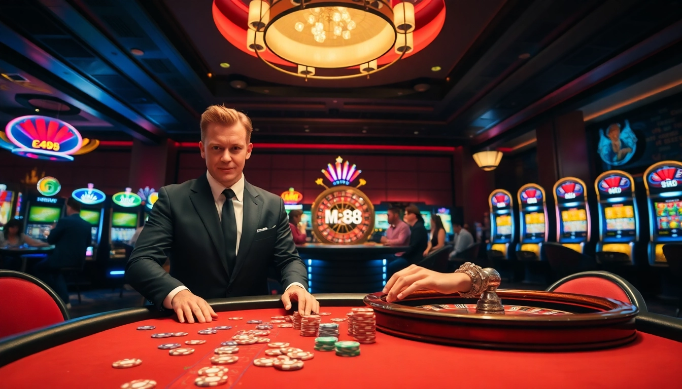 MM88 poker players engaging in a thrilling high-stakes game at a vibrant casino table.