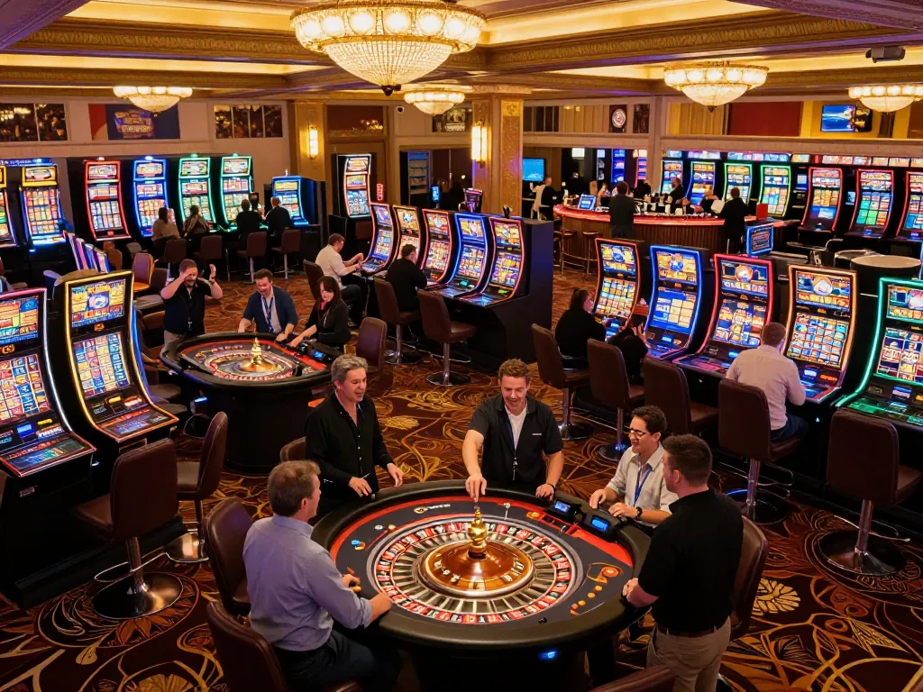 Casino scene showcasing thrilling gameplay around giường bệnh nhân slot machines, evoking excitement and luxury.