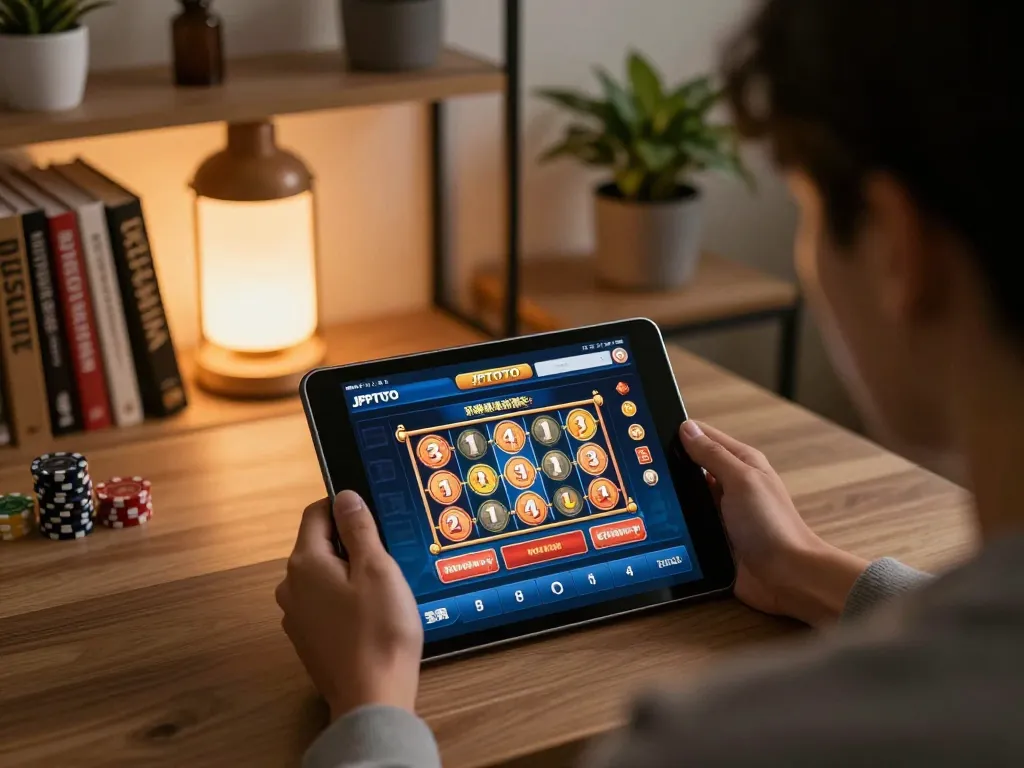 Person exploring JPTOTO's online slot options on tablet in a warm, inviting home setting.