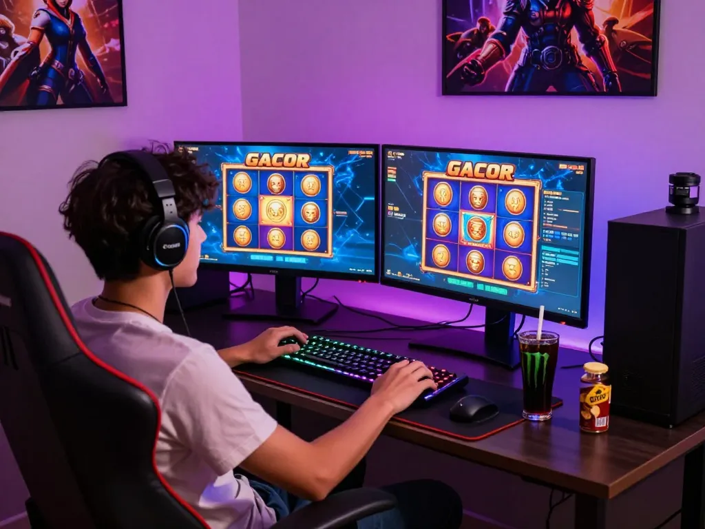 Exciting home gaming setup with slot gacor games on dual monitors and a gamer.