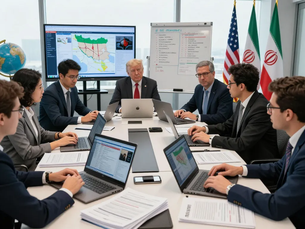Team discussion on Trump Iran policy analysis in a modern office