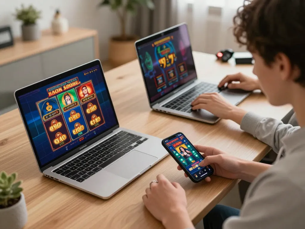 Engaging in online casino games at home using okwin app on multiple devices for a strategic gaming experience.