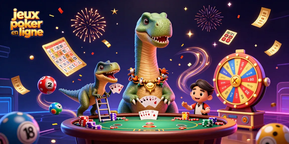 Jouez à des jeux de poker en ligne avec un brontosaure et un raptor dans une scène dynamique remplie de surprises et de confettis.