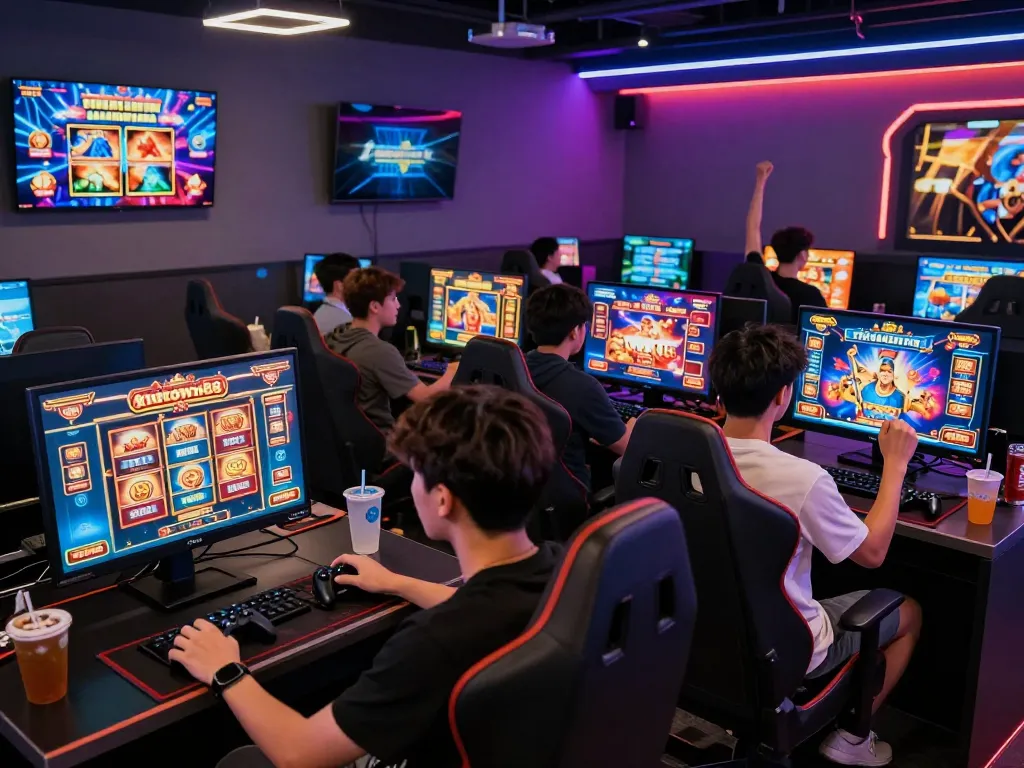 Engaging scene of players enjoying Autowin88 online gaming experience in a modern lounge with colorful screens and neon lights.