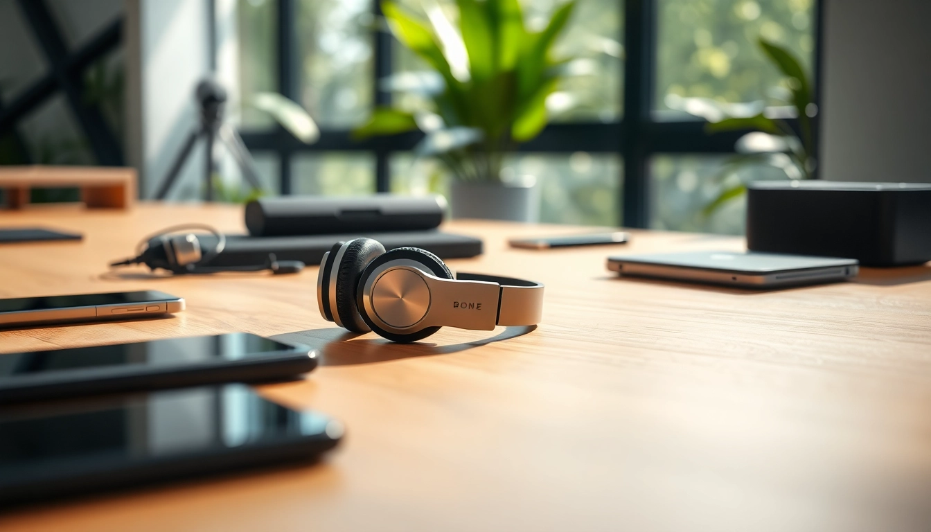 Showcasing Bone X2 Bone Conduction Headphones on a stylish desk with vibrant tech gadgets.