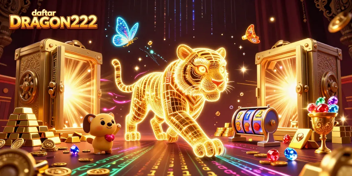 Experience seamless betting with daftar DRAGON222 in an energetic casino landscape featuring vibrant slot reels.