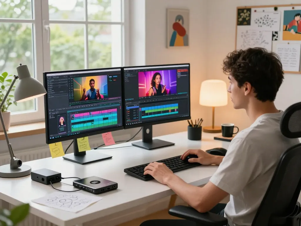 Content creator generating video to prompt in a vibrant home office.