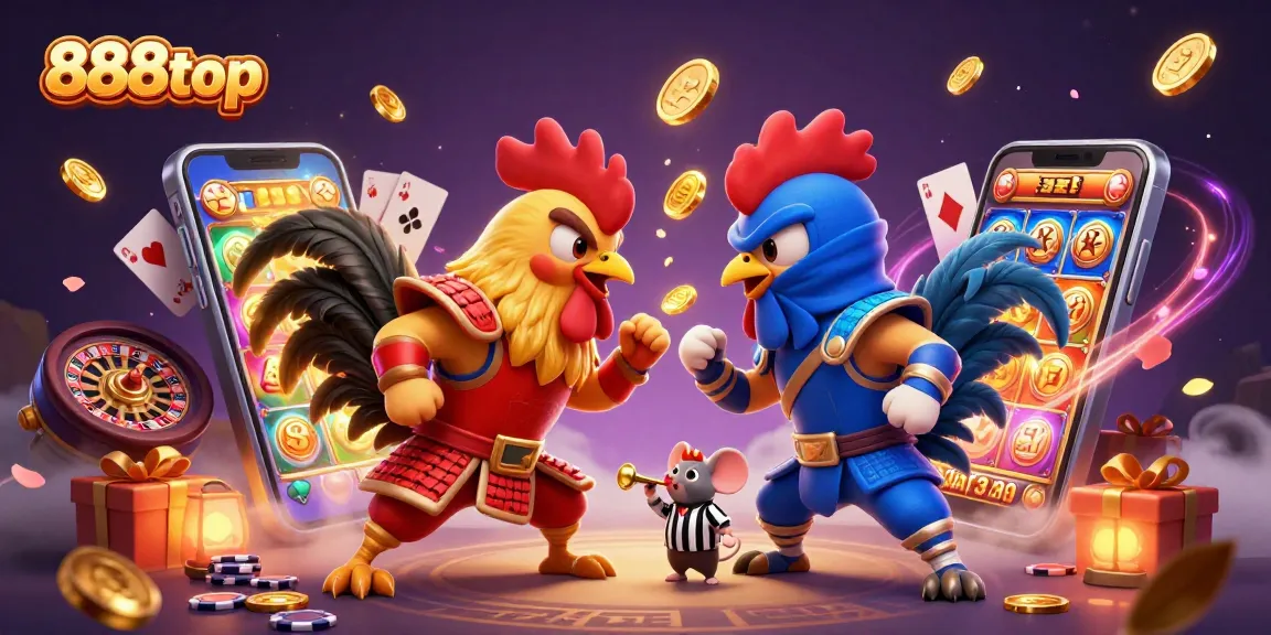Engage in thrilling action at 888top with cartoon fighting roosters, amidst vibrant casino elements.
