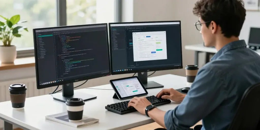 Software engineer coding with instant indexing tools in a modern workspace.
