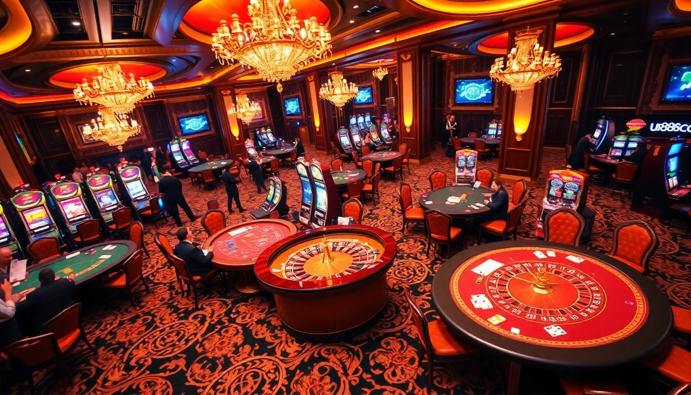 Experience the thrilling atmosphere of u888.com with vibrant casino tables and roulette wheels.