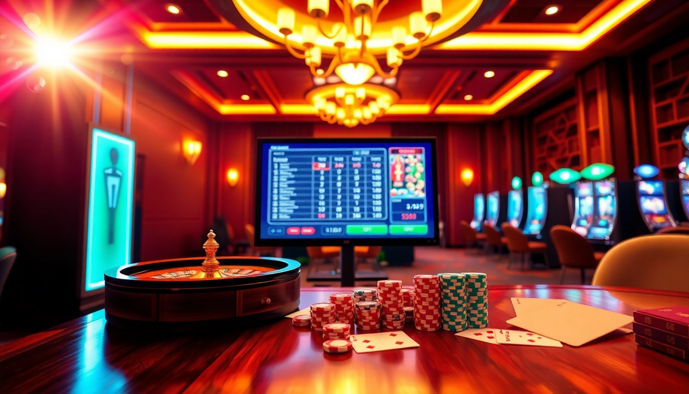 Interface immersive de casino en ligne mettant en avant un décor moderne vibrant avec des jetons de poker et une roue de roulette.