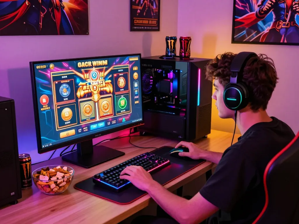 Pemain terlibat menikmati permainan slot gacor di setup permainan berwarna-warni dengan suasana yang cerah.