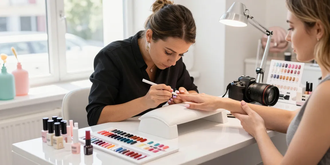Folosind un kit unghii gel, un tehnician în unghii aplică cu măiestrie ojă gel într-un salon de înfrumusețare luminos.
