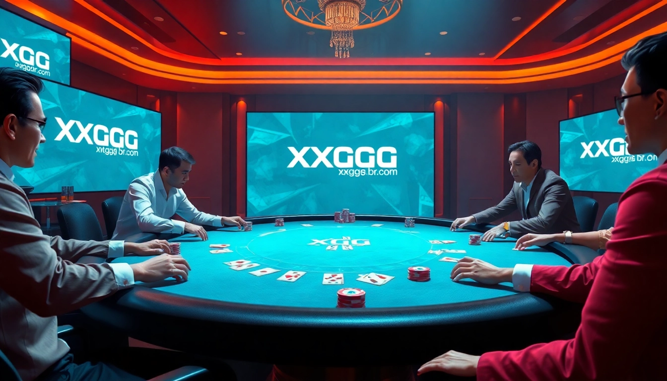Players winning big at a casino table featuring xxgg.br.com, with vibrant chips and cards.