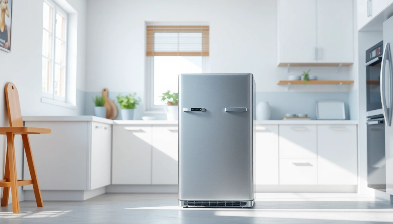 View of an affordable mini fridge and freezer in a stylish kitchen setup.