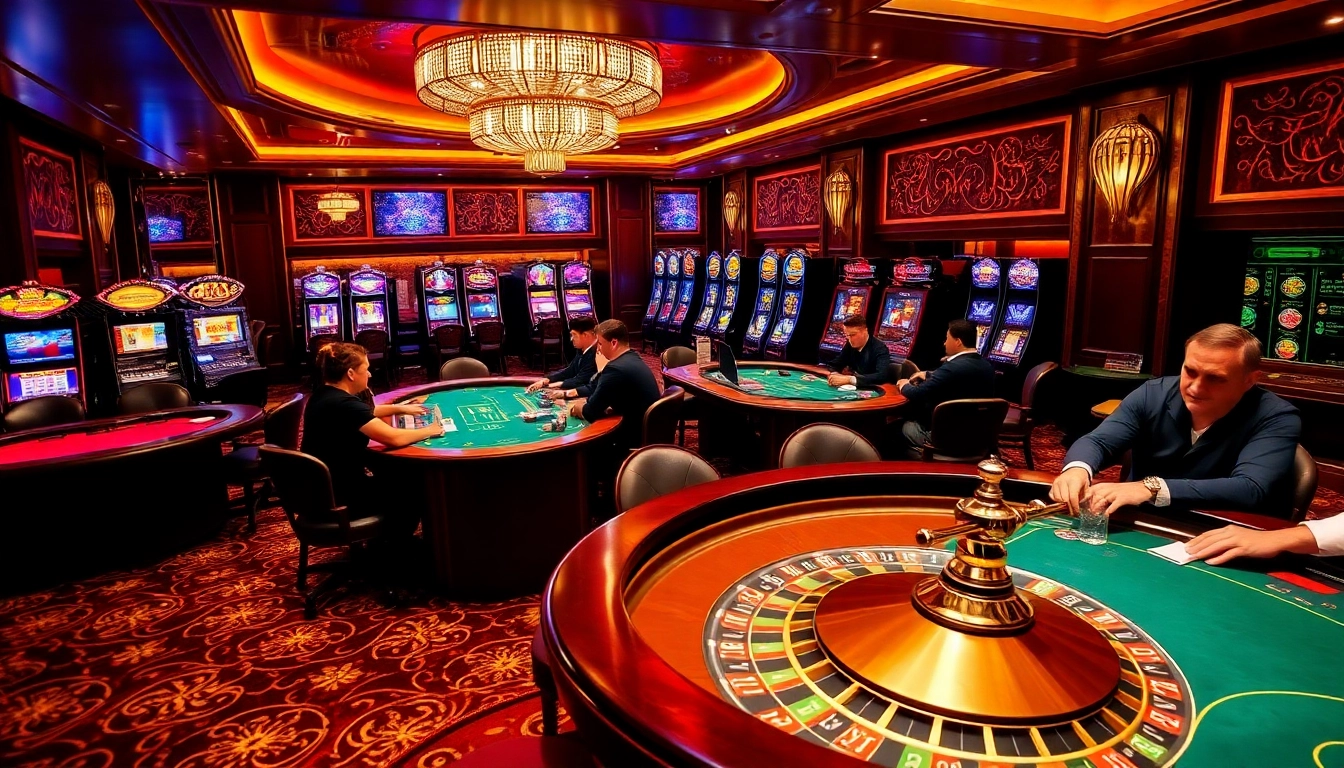 Exciting gaming action at gg88bz casino with roulette wheel and poker table.