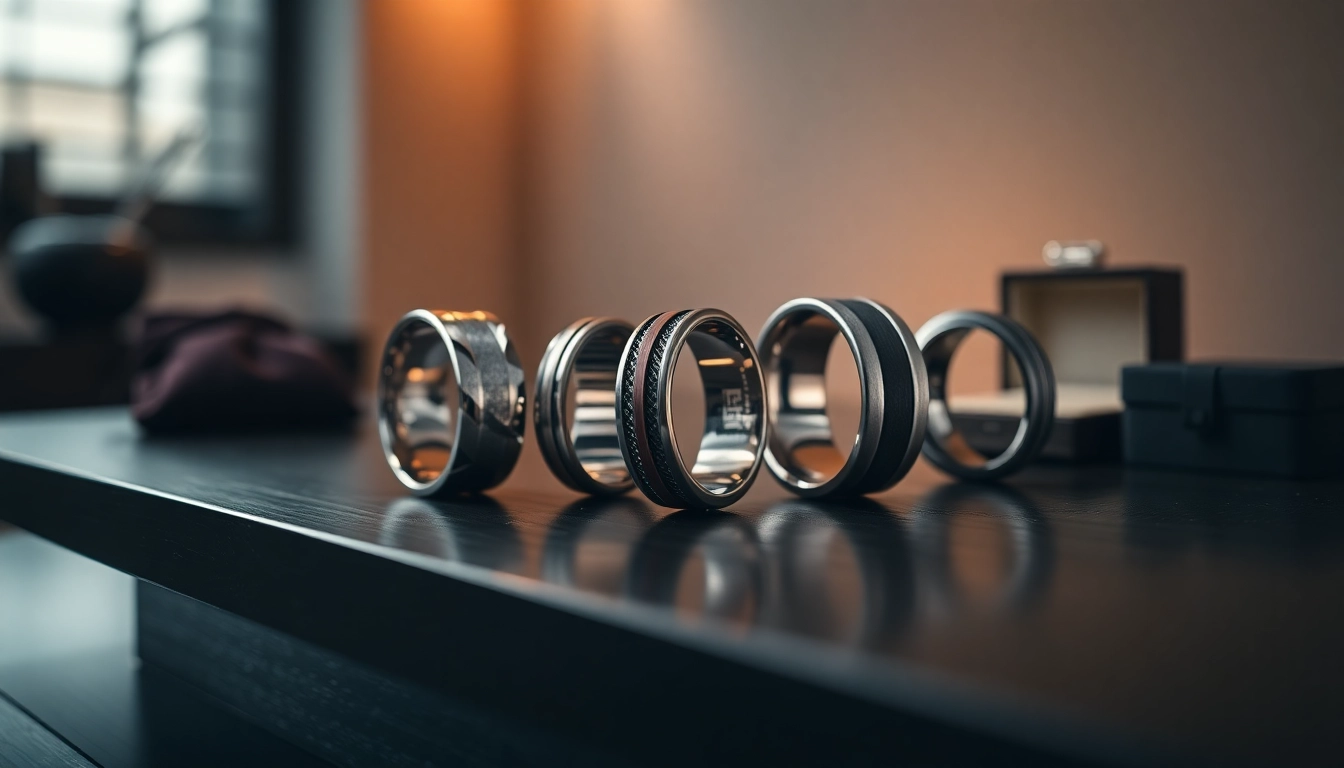 Tungsten rings showcasing intricate designs and polished surfaces in an elegant setting.