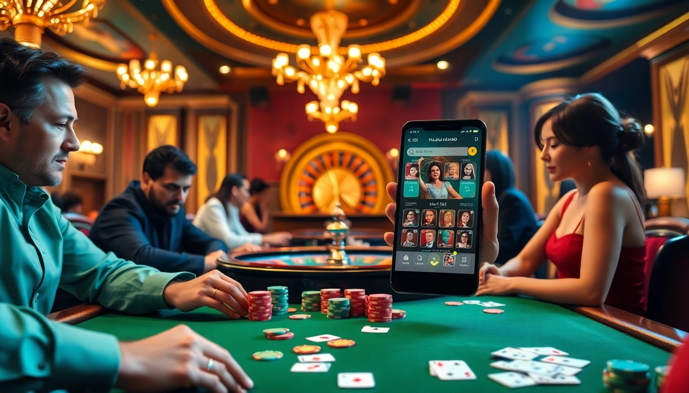 Players enjoying poker at https://mm88.vin/, surrounded by colorful chips and a spinning roulette wheel.