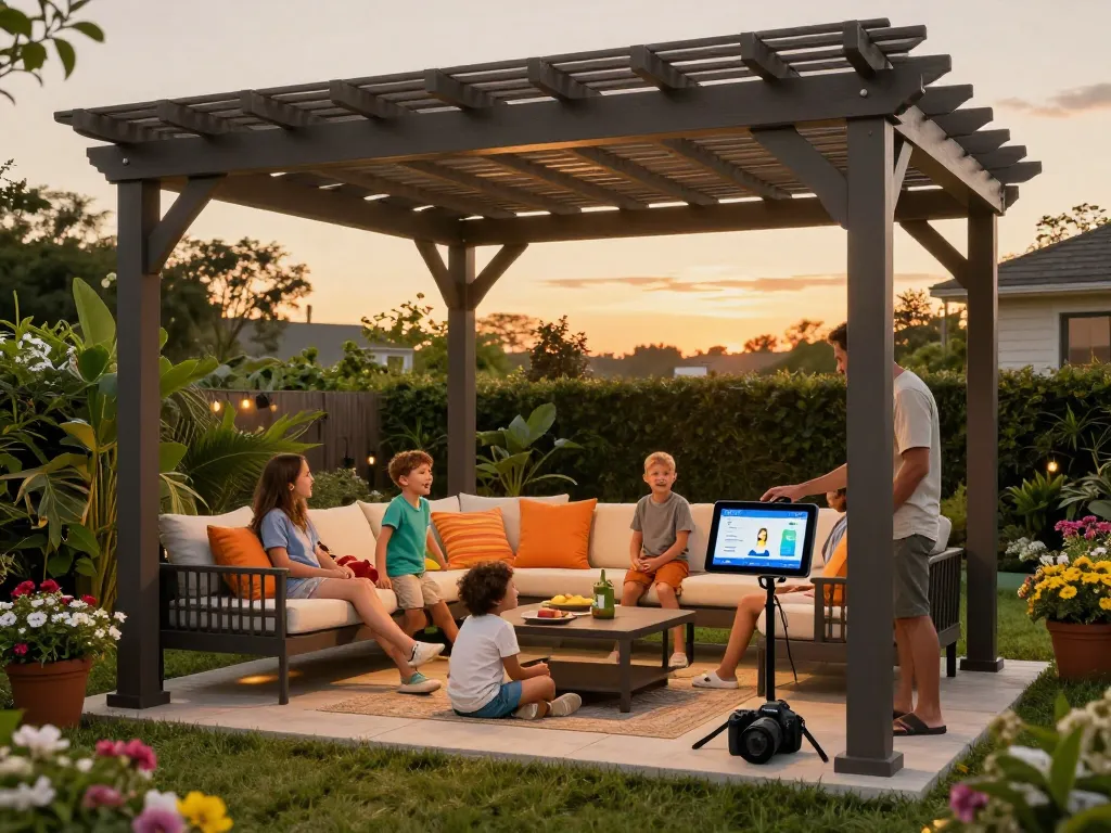Custom pergola configurator in use during a family gathering in a beautiful garden setting