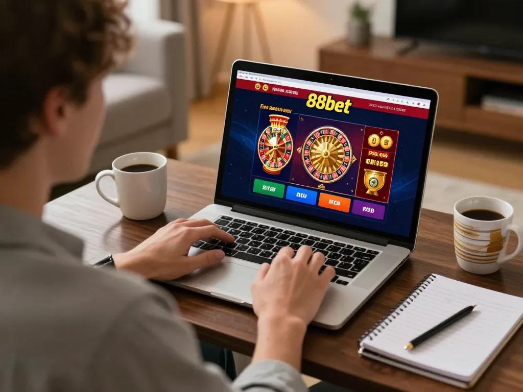 Engaging gameplay at 88bet casino with player on laptop, highlighting online gambling excitement.