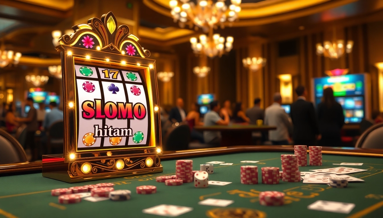 Engage with slot demo scatter hitam on a dazzling casino scene featuring vibrant slot machines and poker elements.