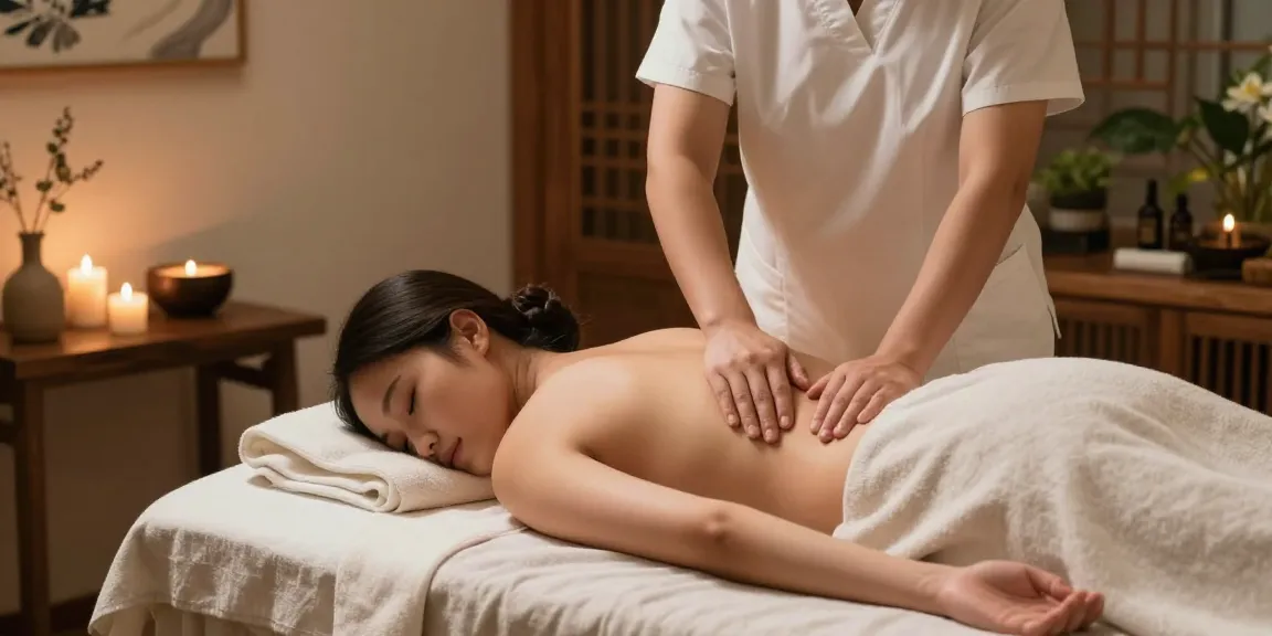 스웨디시 마사지 중인 모습, 마사지 테이블 위의 고객과 주변의 아로마 오일, 조명으로 편안한 분위기 연출