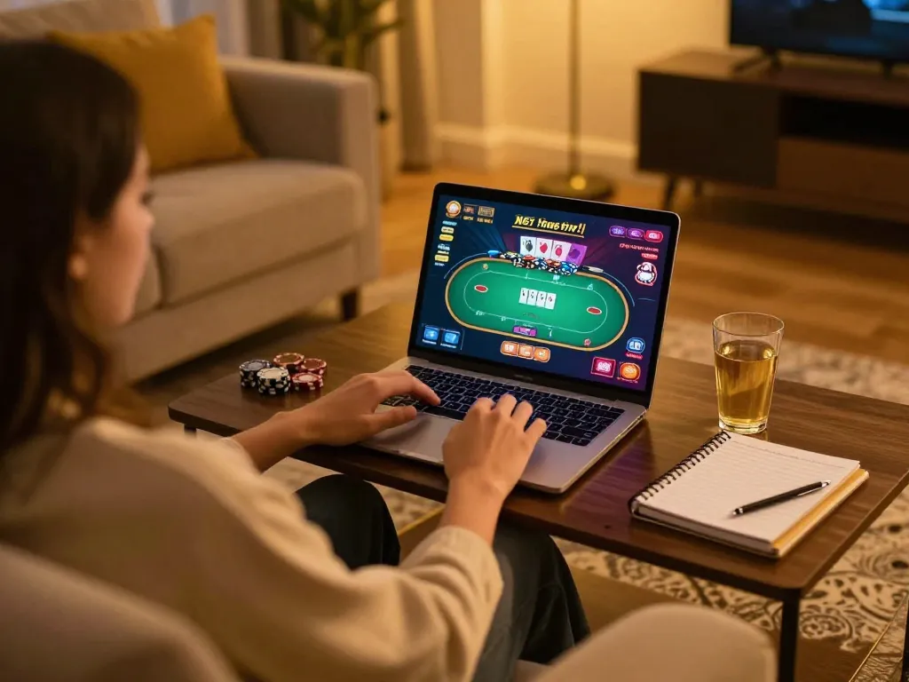 manclub player engaging in online poker strategy at home, showcasing comfort and focus