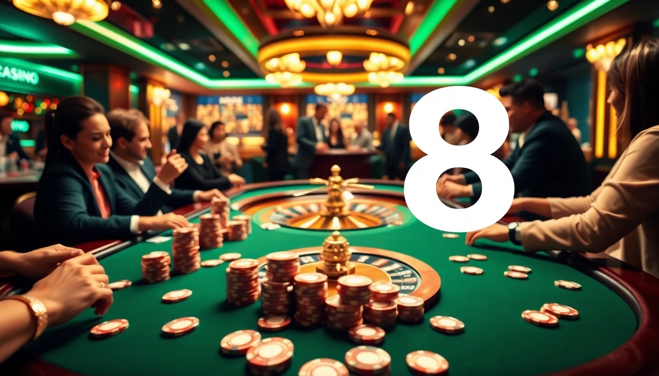 S8 casino experience featuring poker tables, roulette wheels, and vibrant gaming action.