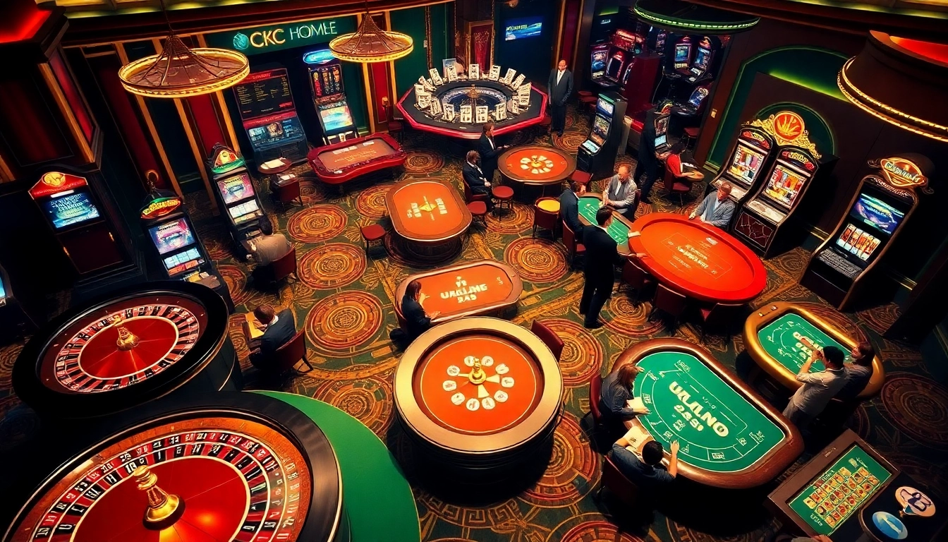Experience thrilling gambling action at https://okwin68.net/, featuring an elegant casino scene with vibrant games.