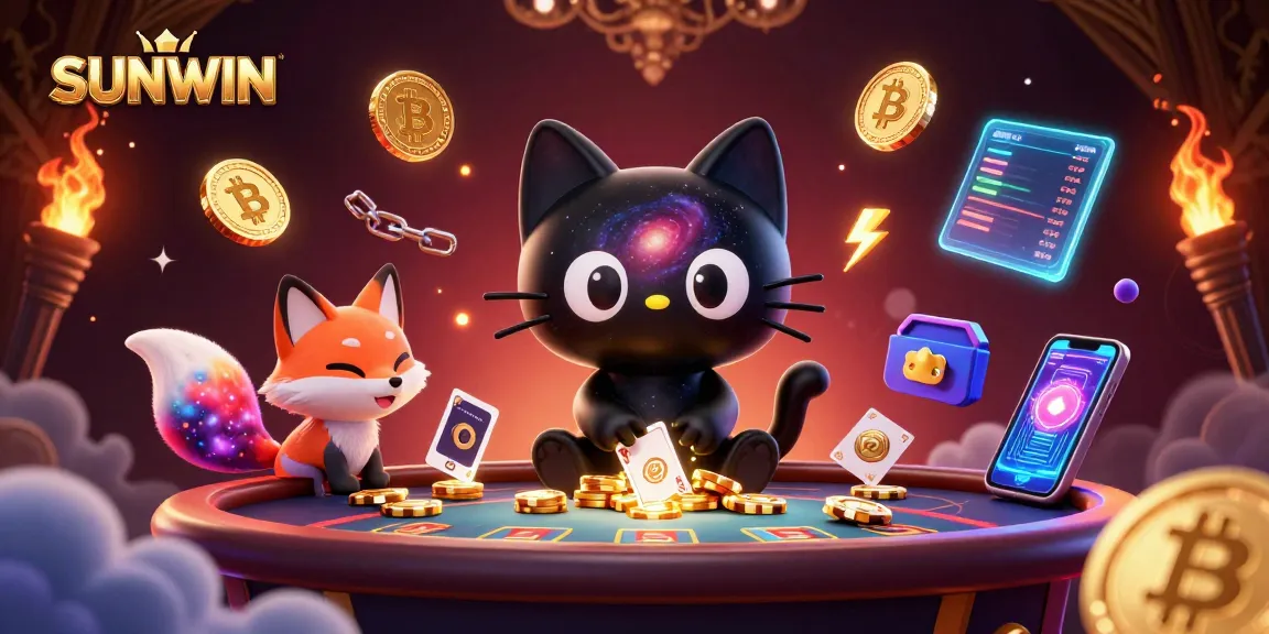 SUNWIN cat attracts golden chips at a cosmic casino table with a nebula fox, showcasing vibrant gaming elements.