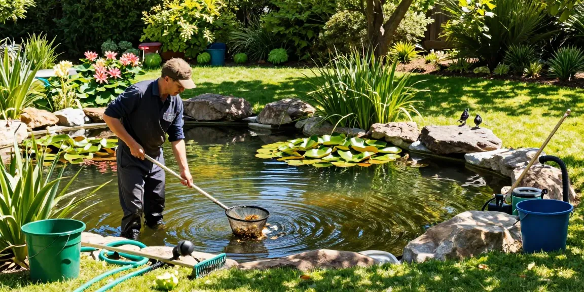 Pond Cleaning Kent professional maintaining a serene backyard pond with water lilies.