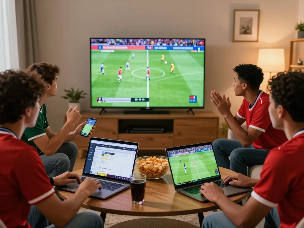 Fans engaging with luongsontv while watching live football, enjoying snacks and excitement in a cozy living room.